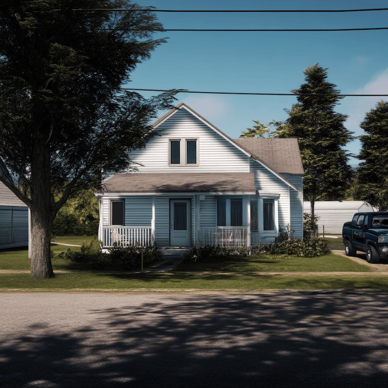 White vinyl-sided suburban house with front porch and dormer windows in a quiet Midwest neighborhood